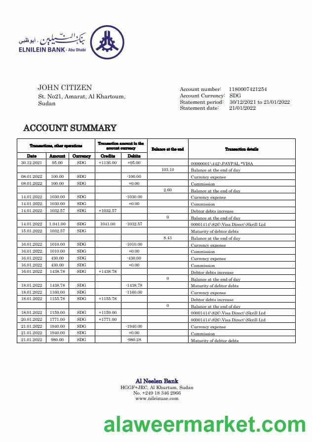 Sudan Al Neelen Bank statement